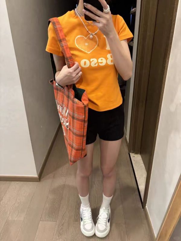 Summer Women's Slim Fit Short Sleeve T-Shirt with Shoulder Love Fruit Letter Print - Versatile Y2K Style Top