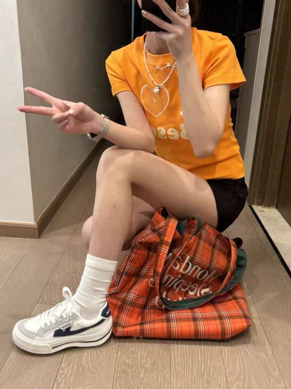 Summer Women's Slim Fit Short Sleeve T-Shirt with Shoulder Love Fruit Letter Print - Versatile Y2K Style Top