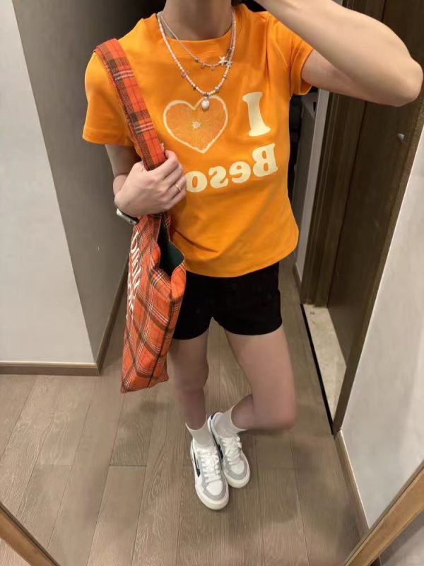 Summer Women's Slim Fit Short Sleeve T-Shirt with Shoulder Love Fruit Letter Print - Versatile Y2K Style Top