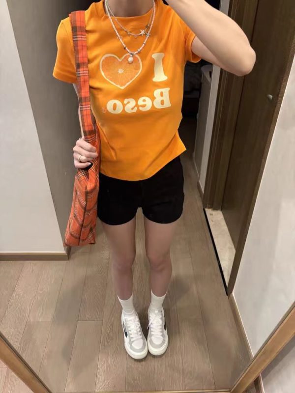 Summer Women's Slim Fit Short Sleeve T-Shirt with Shoulder Love Fruit Letter Print - Versatile Y2K Style Top