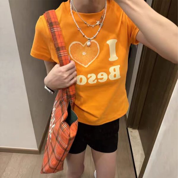 Summer Women's Slim Fit Short Sleeve T-Shirt with Shoulder Love Fruit Letter Print - Versatile Y2K Style Top