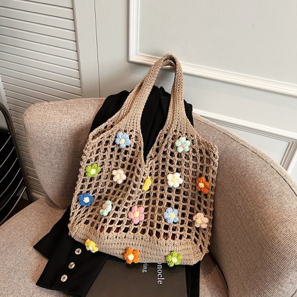 Summer Woven Hollow Underarm Bag for Women - 2025 Yarn Flower Knitted Large Capacity Shoulder Tote