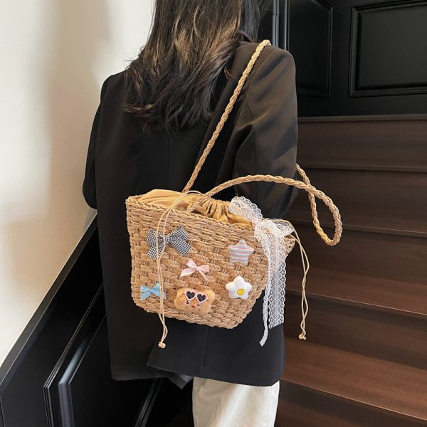 Summer Woven Straw Beach Bag for Women - 2025 Vacation Shoulder Tote, Island Style Vegetable Basket Bag