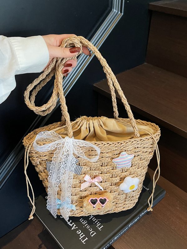 Summer Woven Straw Beach Bag for Women - 2025 Vacation Shoulder Tote, Island Style Vegetable Basket Bag
