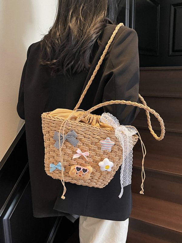 Summer Woven Straw Beach Bag for Women - 2025 Vacation Shoulder Tote, Island Style Vegetable Basket Bag