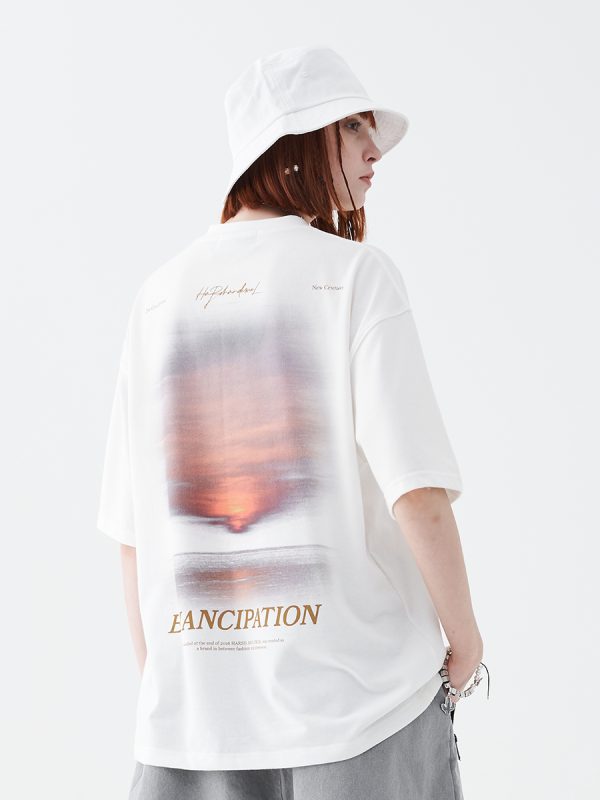Sunset American Street Short Sleeve Pure Cotton T-Shirt for Couples - Trendy 90s Inspired Fashion