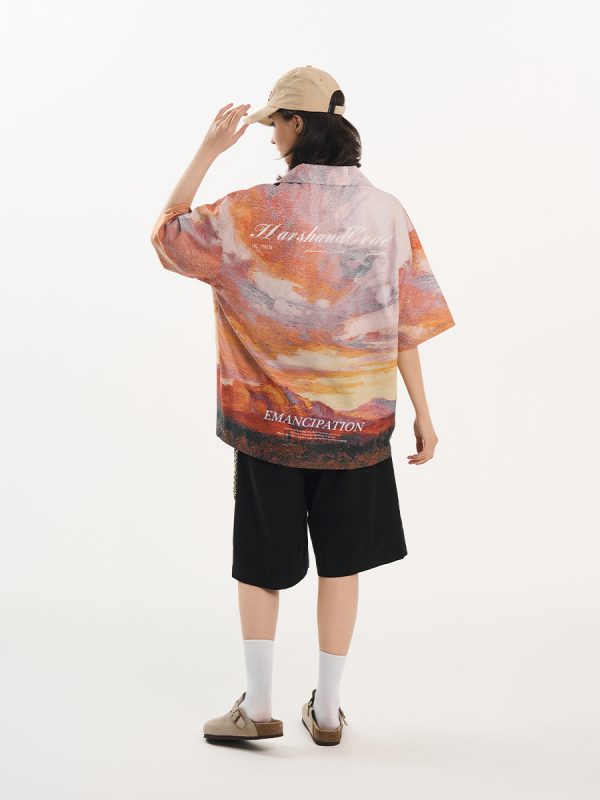 Sunset Oil Painting Style Full Print Short-Sleeve Shirt - Artistic Graphic Tee, Y2K Aesthetic, Trendy Casual Wear