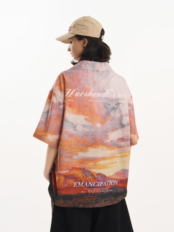 Sunset Oil Painting Style Full Print Short-Sleeve Shirt - Artistic Graphic Tee, Y2K Aesthetic, Trendy Casual Wear
