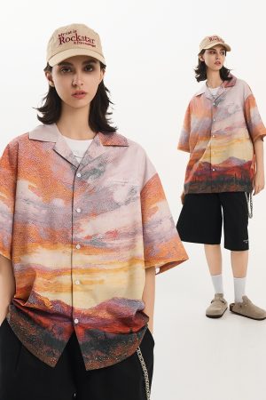 Sunset Oil Painting Style Full Print Short-Sleeve Shirt - Artistic Graphic Tee, Y2K Aesthetic, Trendy Casual Wear