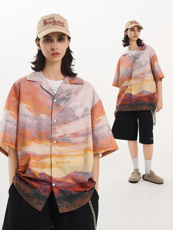 Sunset Oil Painting Style Full Print Short-Sleeve Shirt - Artistic Graphic Tee, Y2K Aesthetic, Trendy Casual Wear