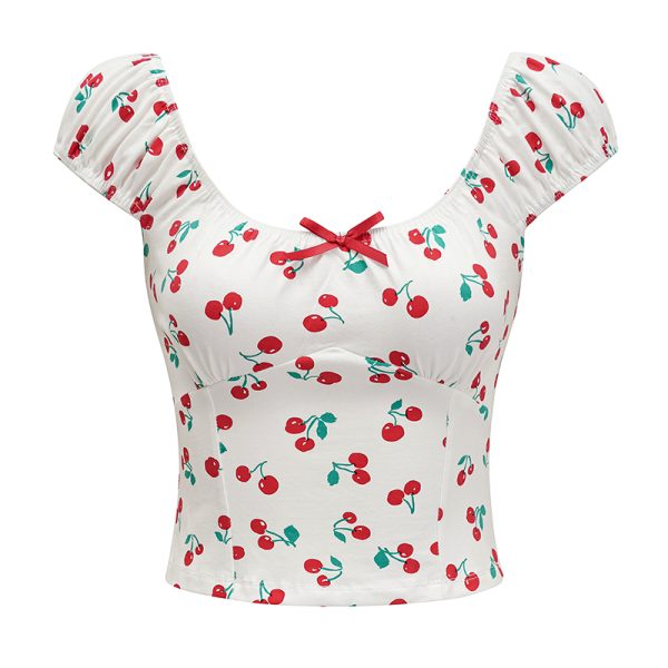 Sweet and Spicy Cherry Print Off-Shoulder Short Sleeve T-Shirt for Women - Summer Slim Fit European & American Style Top