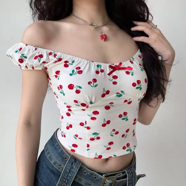 Sweet and Spicy Cherry Print Off-Shoulder Short Sleeve T-Shirt for Women - Summer Slim Fit European & American Style Top