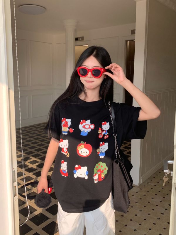 Sweet and Spicy Kitty Cat Short Sleeve T-Shirt for Women - American Style Slim Fit Top - 2025 Summer Versatile 90s Y2K Fashion