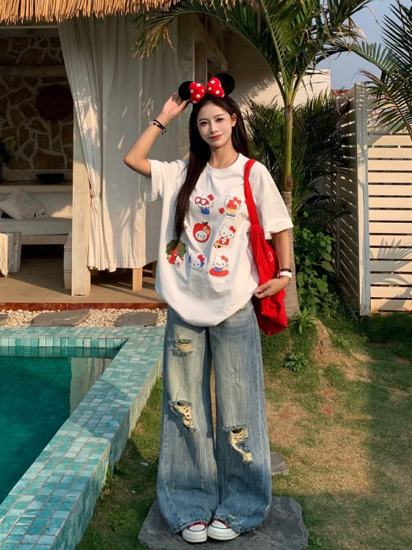 Sweet and Spicy Kitty Cat Short Sleeve T-Shirt for Women - American Style Slim Fit Top - 2025 Summer Versatile 90s Y2K Fashion