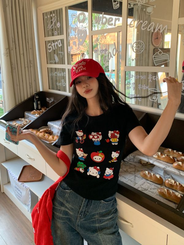 Sweet and Spicy Kitty Cat Short Sleeve T-Shirt for Women - American Style Slim Fit Top - 2025 Summer Versatile 90s Y2K Fashion