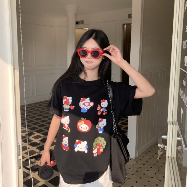 Sweet and Spicy Kitty Cat Short Sleeve T-Shirt for Women - American Style Slim Fit Top - 2025 Summer Versatile 90s Y2K Fashion