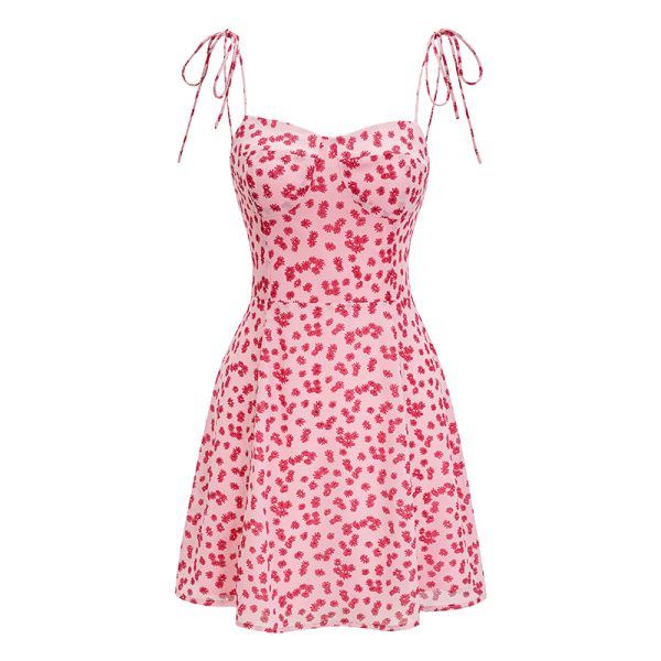 Sweet and Spicy Pink Floral Spaghetti Strap Dress for Women - A-Line Short Summer Dress with Shoulder Tie - European & American Style