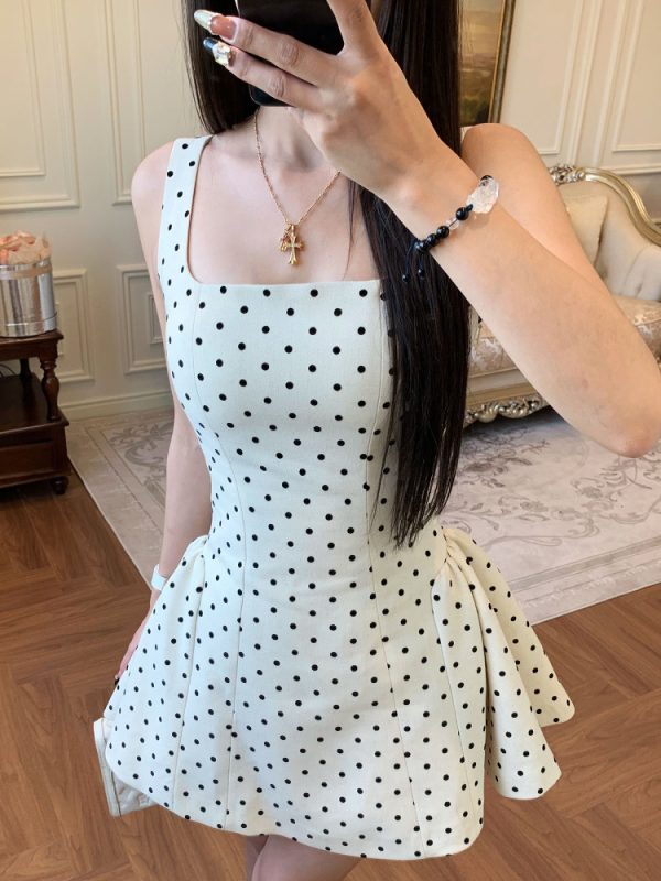 Sweet Apricot Polka Dot Square Neck Strap Dress for Women - Spring Summer French Style, Waist-Defined, Short Skirt, 90s Inspired