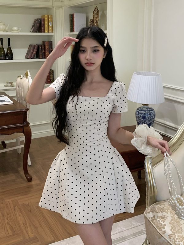 Sweet Apricot Polka Dot Square Neck Strap Dress for Women - Spring Summer French Style, Waist-Defined, Short Skirt, 90s Inspired