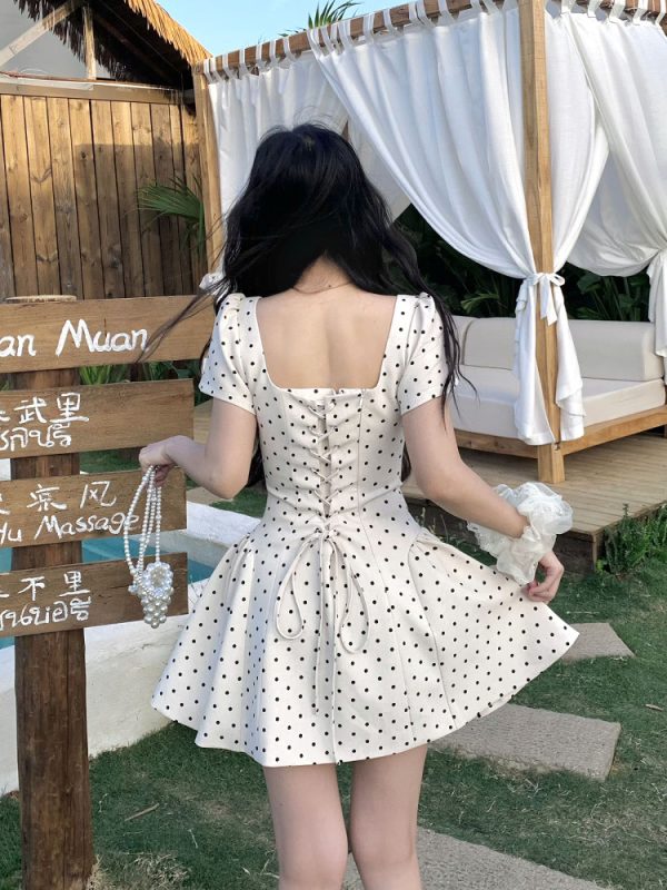 Sweet Apricot Polka Dot Square Neck Strap Dress for Women - Spring Summer French Style, Waist-Defined, Short Skirt, 90s Inspired