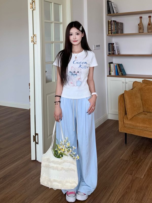 Sweet Bowknot Cat Short Sleeve T-shirt for Women - Slim Fit Summer Top in Cute Y2K Style