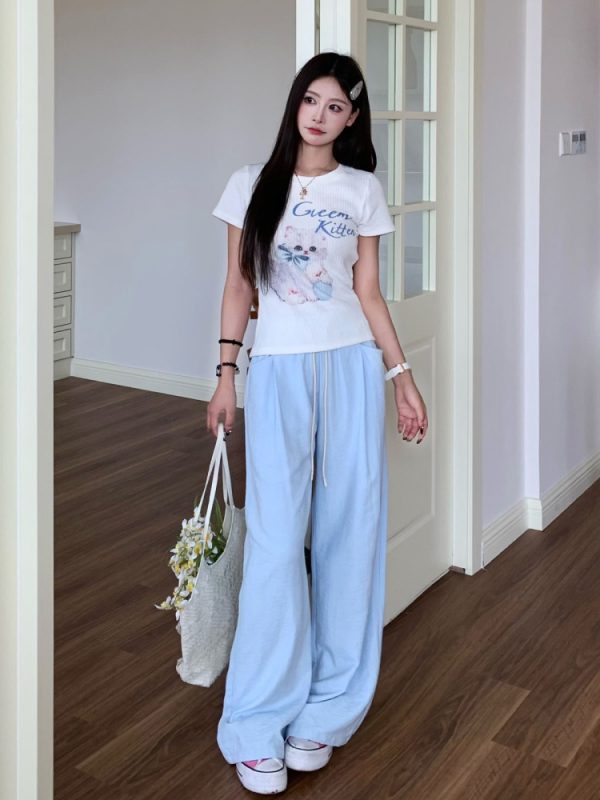Sweet Bowknot Cat Short Sleeve T-shirt for Women - Slim Fit Summer Top in Cute Y2K Style