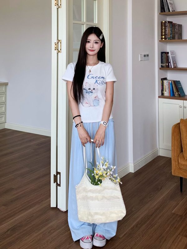 Sweet Bowknot Cat Short Sleeve T-shirt for Women - Slim Fit Summer Top in Cute Y2K Style