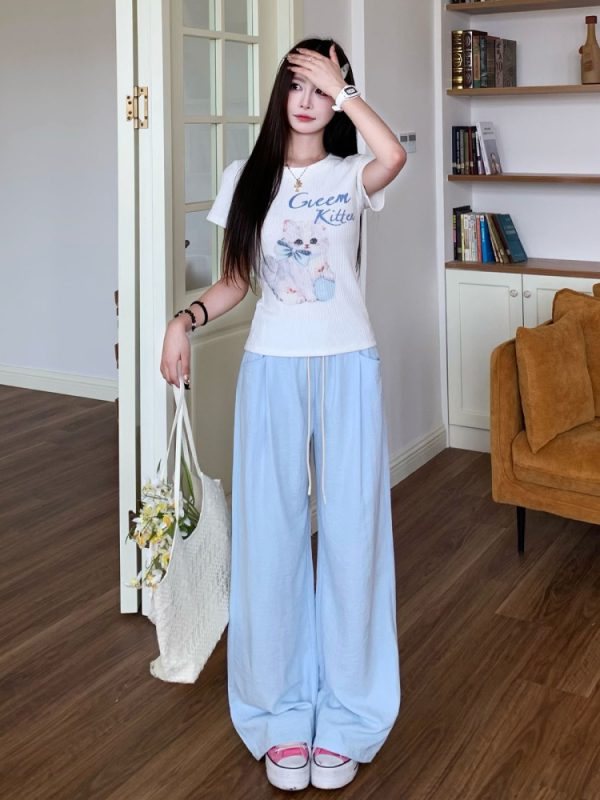 Sweet Bowknot Cat Short Sleeve T-shirt for Women - Slim Fit Summer Top in Cute Y2K Style