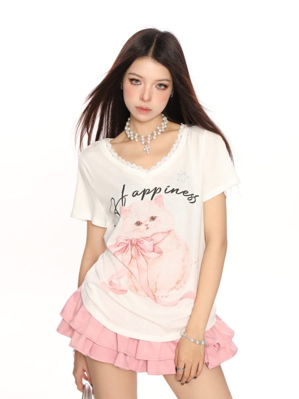 Sweet Cartoon Cat Lace Trim Short Sleeve T-Shirt for Women - Summer Casual Loose Top in Y2K Lazy Style