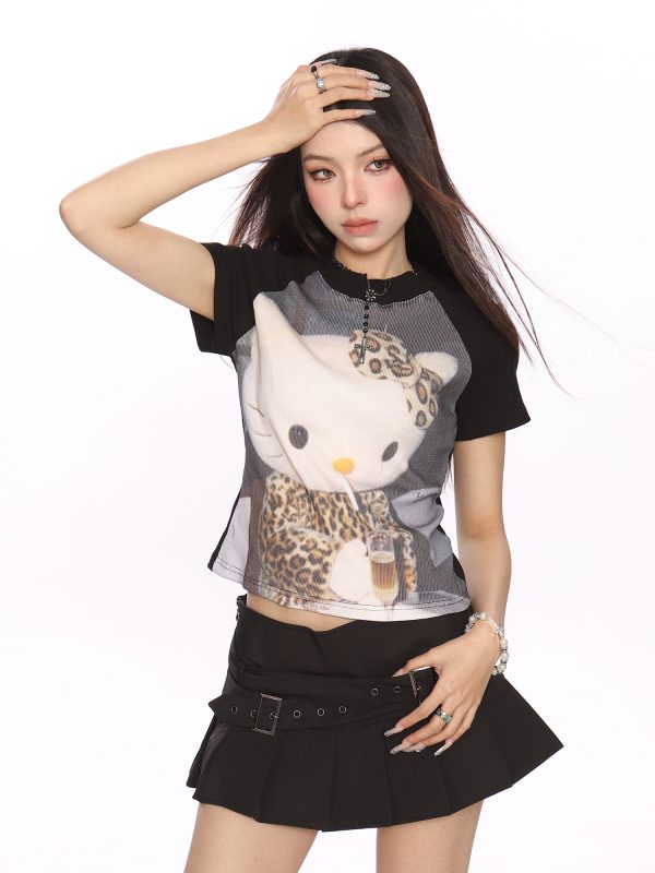 Sweet Cartoon Leopard Print Hello Kitty Short Sleeve T-Shirt for Women - Trendy Slim Fit Summer Top, Y2K Style
