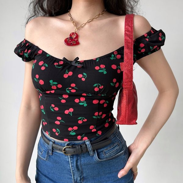 Sweet Cherry All-Over Print Puff Sleeve Slim T-Shirt - Low Neckline Round Neck Women's Top in European American Style