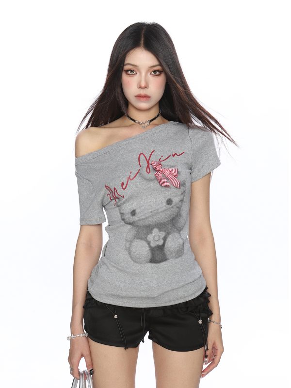 Sweet Cool Cartoon Hello Kitty Off-Shoulder Short Sleeve T-Shirt for Women - Slimming Chic Summer Top, Y2K Style