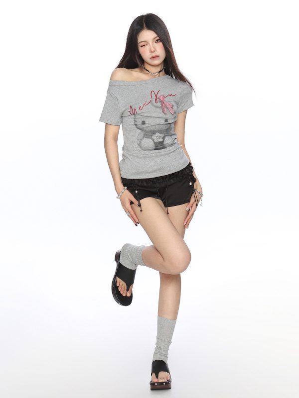 Sweet Cool Cartoon Hello Kitty Off-Shoulder Short Sleeve T-Shirt for Women - Slimming Chic Summer Top, Y2K Style