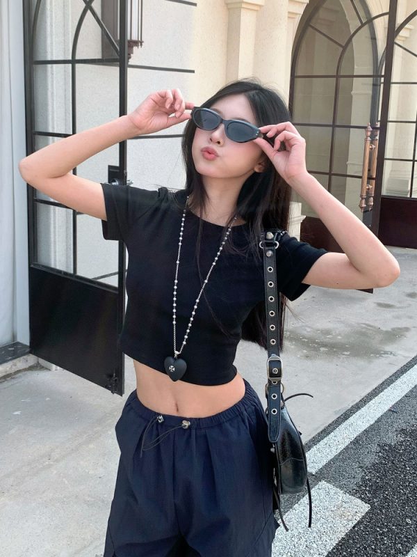 Sweet Cool Hot Girl Crop Short Sleeve T-Shirt for Women - 2025 Summer American Style Regular Fit