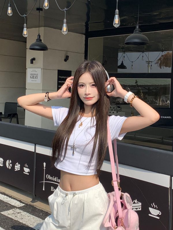 Sweet Cool Hot Girl Crop Short Sleeve T-Shirt for Women - 2025 Summer American Style Regular Fit