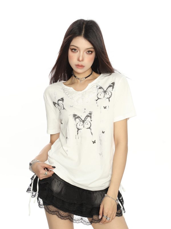 Sweet Cool Ink Painting Butterfly Short Sleeve T-Shirt for Women - Summer Drawstring Waist Casual Top, Trendy Y2K Style