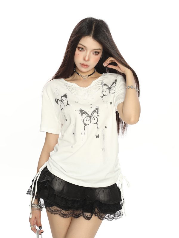 Sweet Cool Ink Painting Butterfly Short Sleeve T-Shirt for Women - Summer Drawstring Waist Casual Top, Trendy Y2K Style