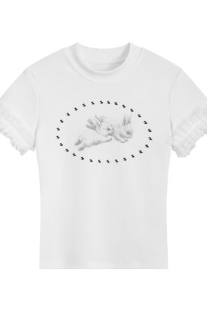 Sweet Cool Lace Spliced Rabbit Shoulder Short Sleeve T-Shirt for Women - Y2K Slim Fit Summer Top