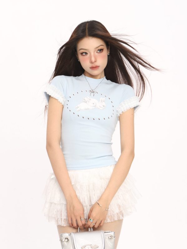 Sweet Cool Lace Spliced Rabbit Shoulder Short Sleeve T-Shirt for Women - Y2K Slim Fit Summer Top