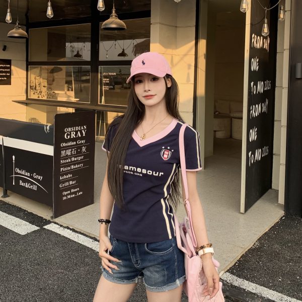 Sweet Cool Three Stripe V-Neck Short Sleeve T-Shirt for Women - Slim Fit American Style Summer 2025 Top