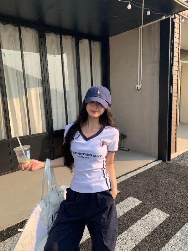 Sweet Cool Three Stripe V-Neck Short Sleeve T-Shirt for Women - Slim Fit American Style Summer 2025 Top