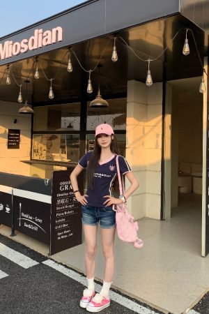 Sweet Cool Three Stripe V-Neck Short Sleeve T-Shirt for Women - Slim Fit American Style Summer 2025 Top