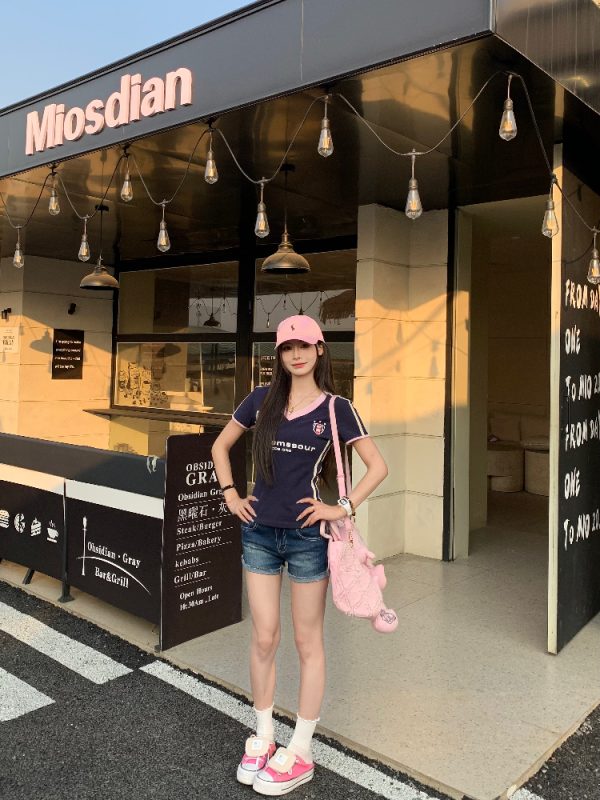 Sweet Cool Three Stripe V-Neck Short Sleeve T-Shirt for Women - Slim Fit American Style Summer 2025 Top