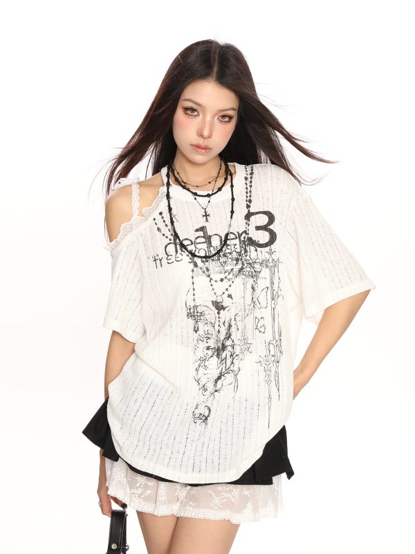 Sweet Cool Y2K Lace Off-Shoulder Short Sleeve T-Shirt for Women - Summer Loose Slimming Top in Trendy Casual Style