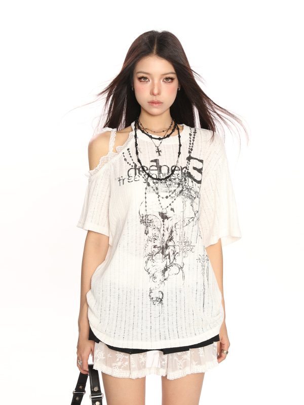Sweet Cool Y2K Lace Off-Shoulder Short Sleeve T-Shirt for Women - Summer Loose Slimming Top in Trendy Casual Style
