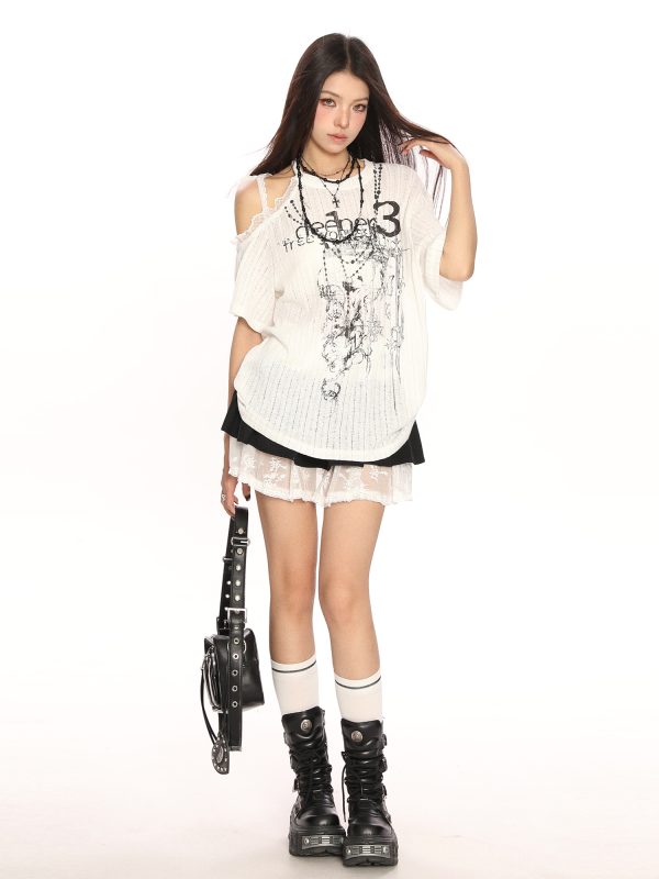 Sweet Cool Y2K Lace Off-Shoulder Short Sleeve T-Shirt for Women - Summer Loose Slimming Top in Trendy Casual Style