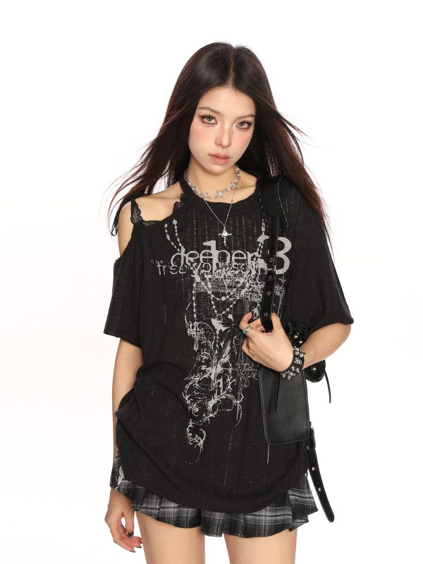 Sweet Cool Y2K Lace Off-Shoulder Short Sleeve T-Shirt for Women - Summer Loose Slimming Top in Trendy Casual Style