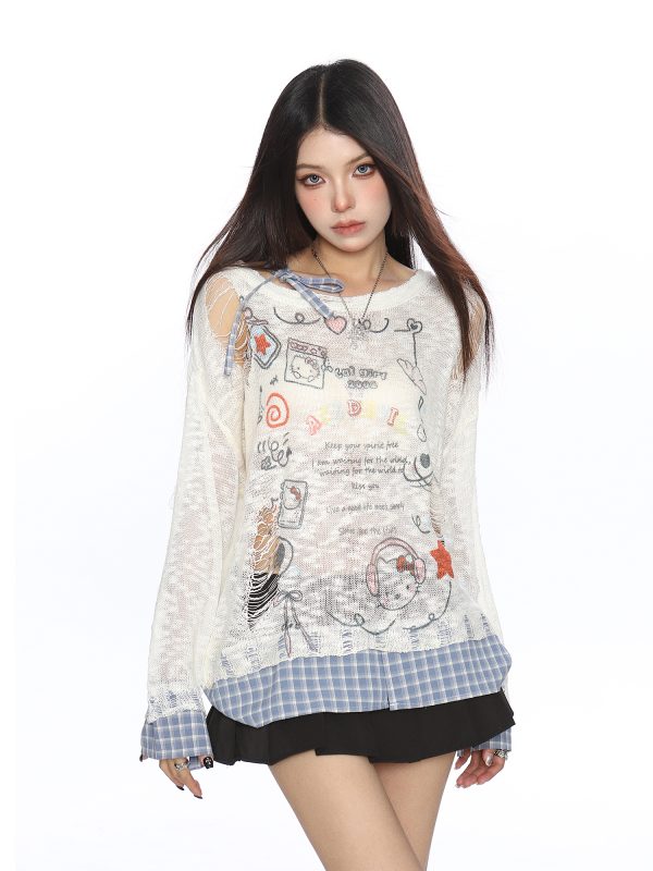 Sweet Dopamine Ripped Thin Long Sleeve T-Shirt for Women - Summer Breathable Tie Fake Two-Piece Top, Y2K Casual Style