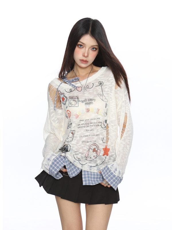 Sweet Dopamine Ripped Thin Long Sleeve T-Shirt for Women - Summer Breathable Tie Fake Two-Piece Top, Y2K Casual Style