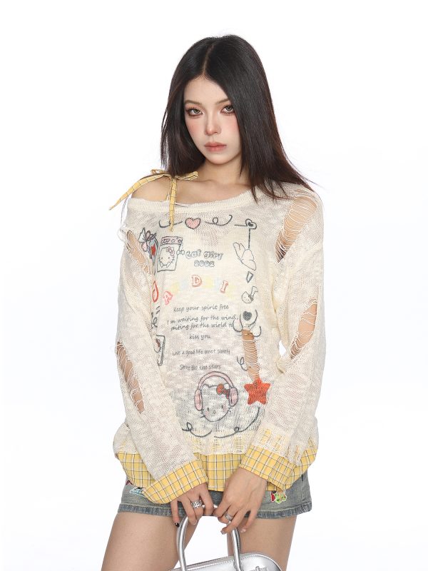 Sweet Dopamine Ripped Thin Long Sleeve T-Shirt for Women - Summer Breathable Tie Fake Two-Piece Top, Y2K Casual Style